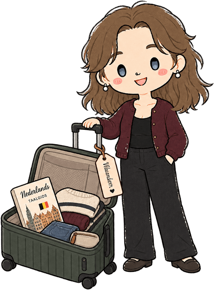 Illustration of a student with a packed suitcase and a Dutch phrasebook, tagged for Flanders